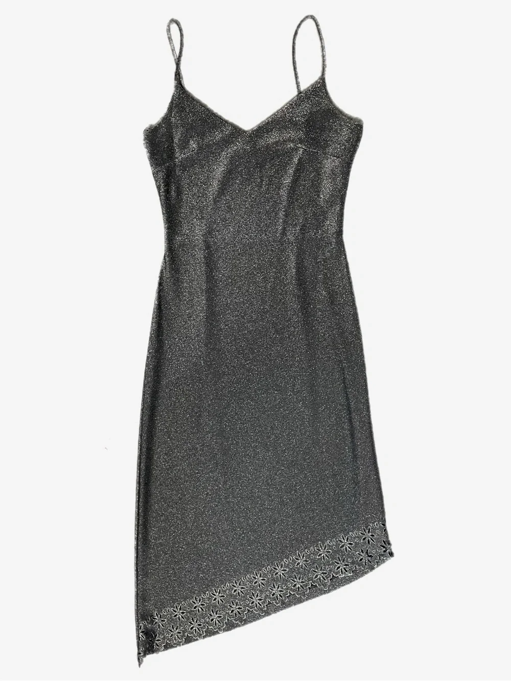 Vintage Y2K Rampage Silver metallic floral laser cut asymmetric slip dress S/M